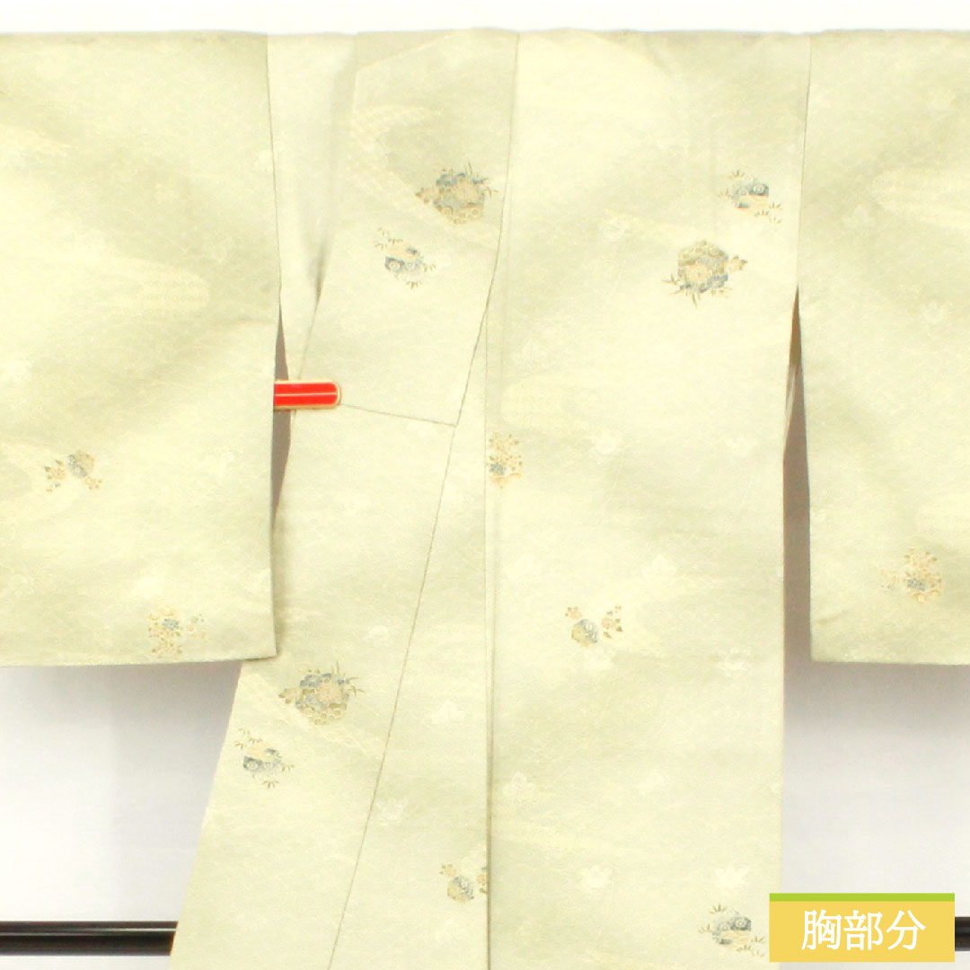 小紋 ポリエステル 身丈157.5cm 裄丈64.5cm 袷 薄緑色（うすみどりいろ） 洗える着物 吉祥文様 しつけ糸付き 未使用品 Sランク 緑系 1115004562319