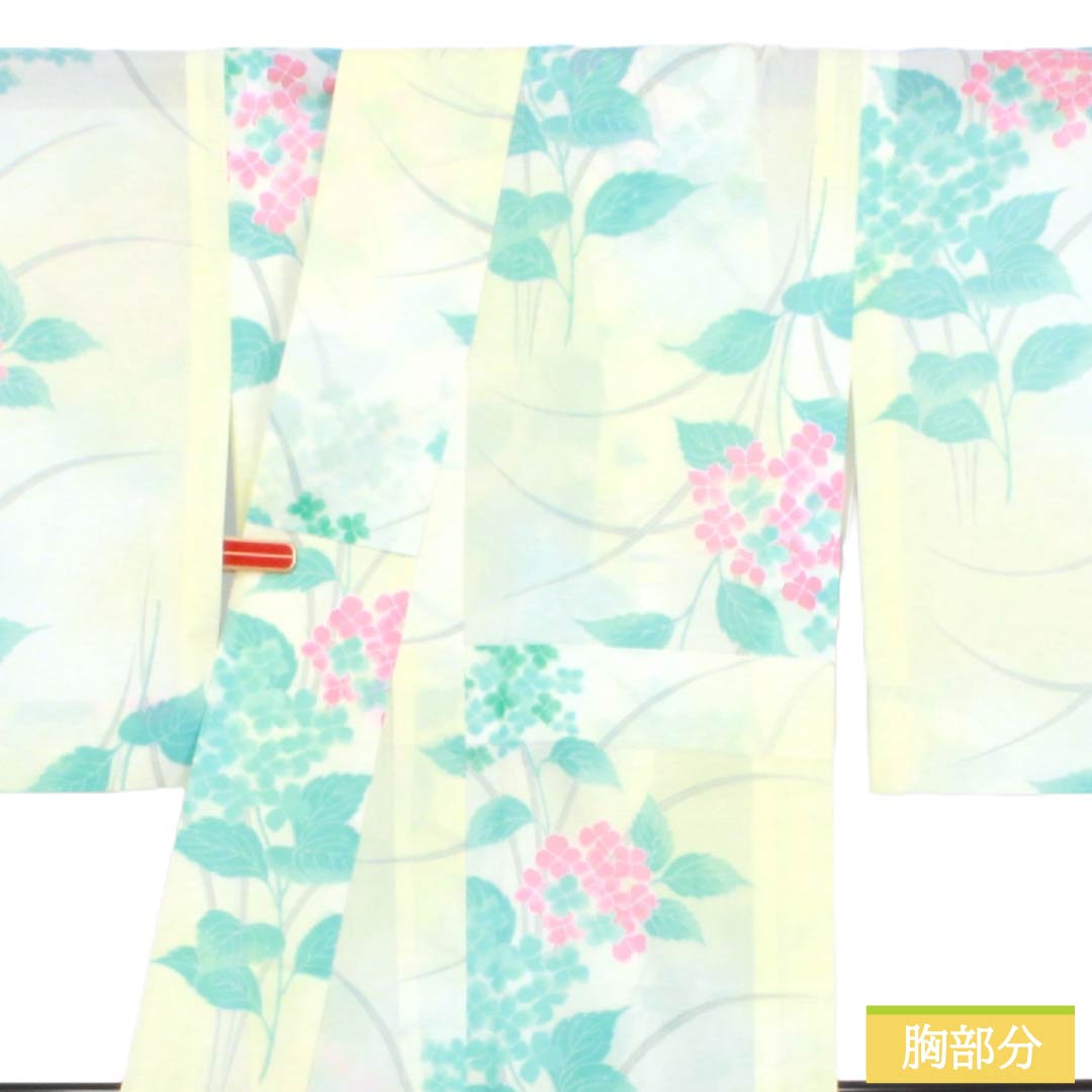 夏物 ポリエステル 小紋 Aランク 身丈159.5cm 裄丈63cm タタキ染 型染 紫陽花 洗える着物 絽 黄系 1132004943323