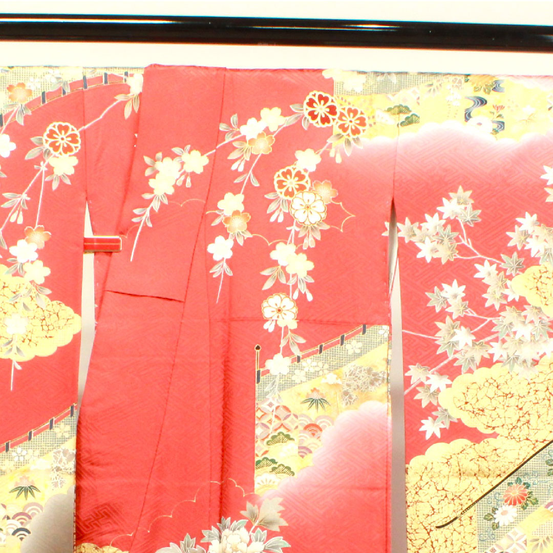 振袖 身丈163.5cm 裄丈67.5cm 袷  甚三紅色 京友禅 御所車 吉祥文様 作家物  正絹 Aランク 朱系 1113001623416