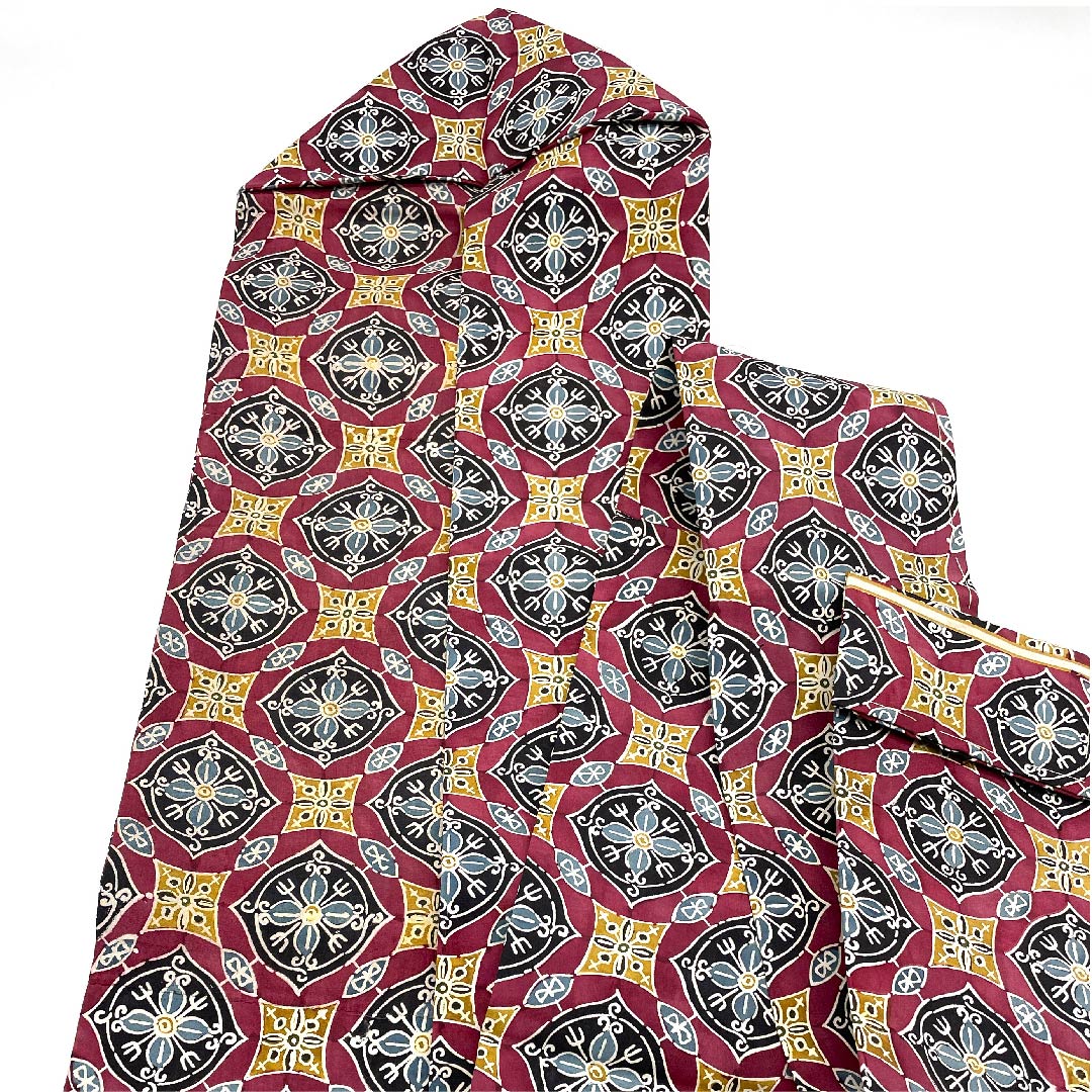 名古屋帯 臙脂色 幾何学模様 京紅型 帯丈342cm 正絹 Sランク 全通 カジュアル 紫系 1124003642320  名古屋仕立て