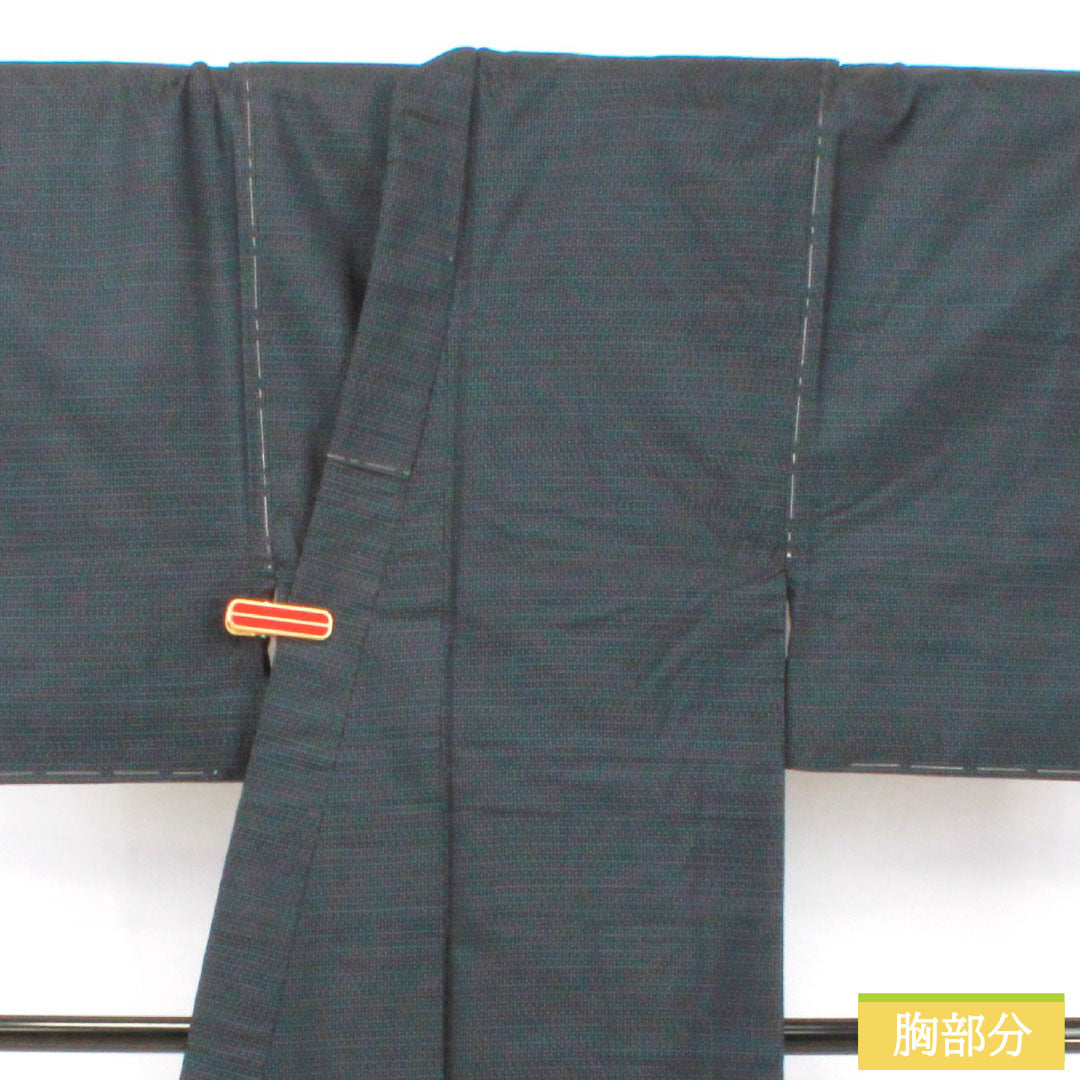 Men's silk S-rank kimono, length 144cm, sleeve length 67cm, Oshima Tsumugi with double-patterned horizontal kasuri pattern, basting threads included, lined, navy blue, product number 1119001762418