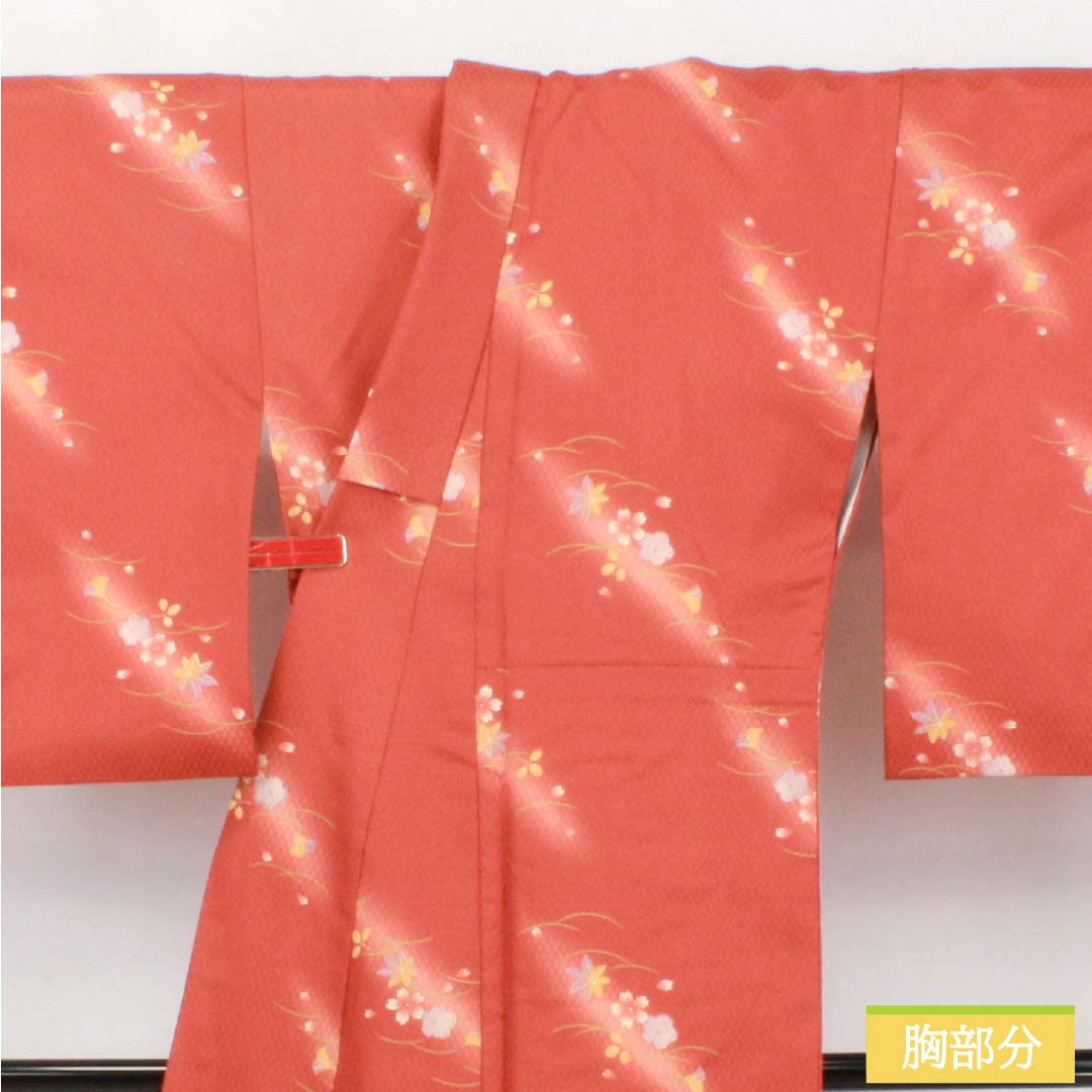 小紋 ポリエステル Sランク 身丈169cm 裄丈68cm 袷 紅唐色（べにとういろ） 小花 洗える着物 赤系 1115006922512