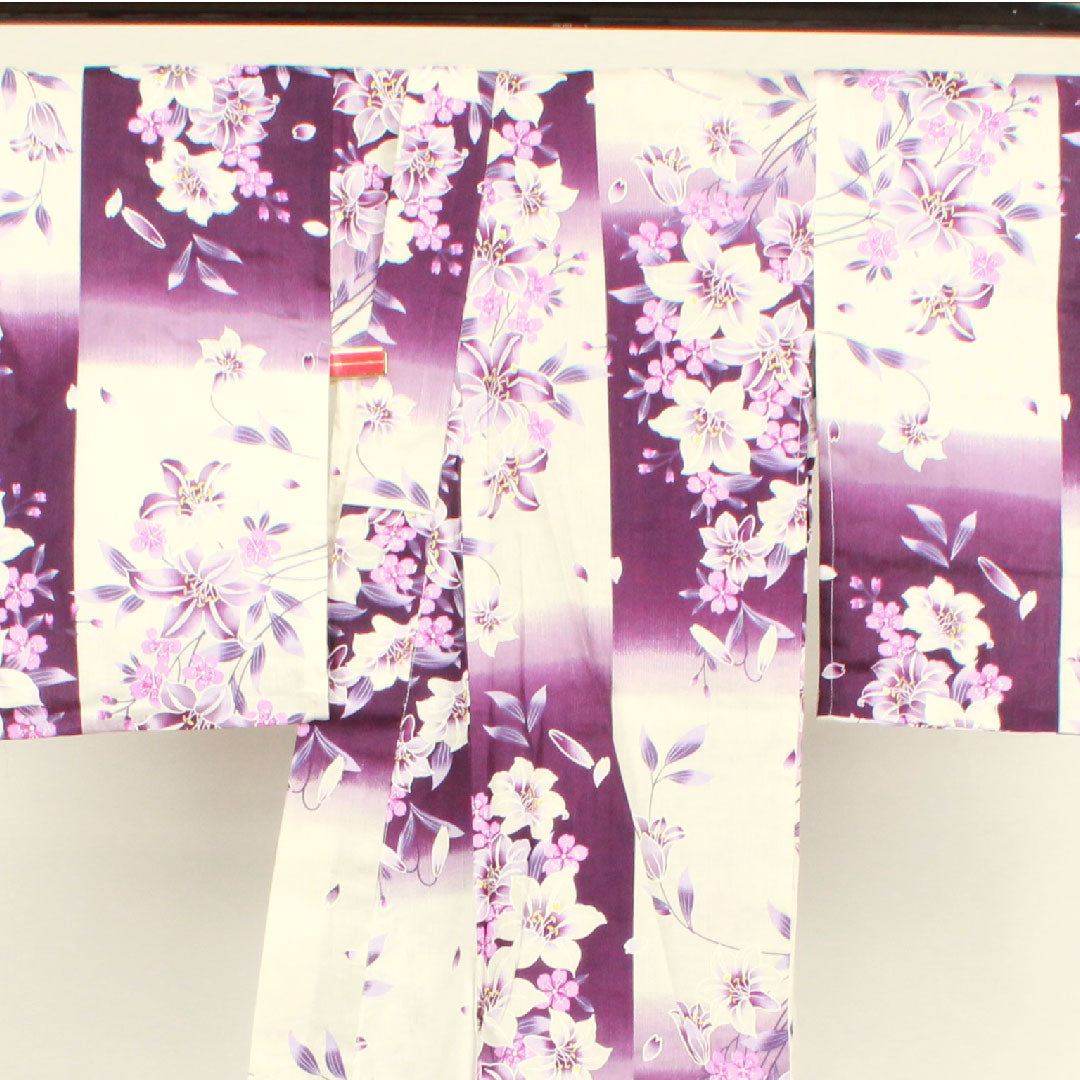 浴衣 市松 草花模様 木綿 Sランク 単衣 身丈162cm 裄丈66.5cm 白系 1118001532411