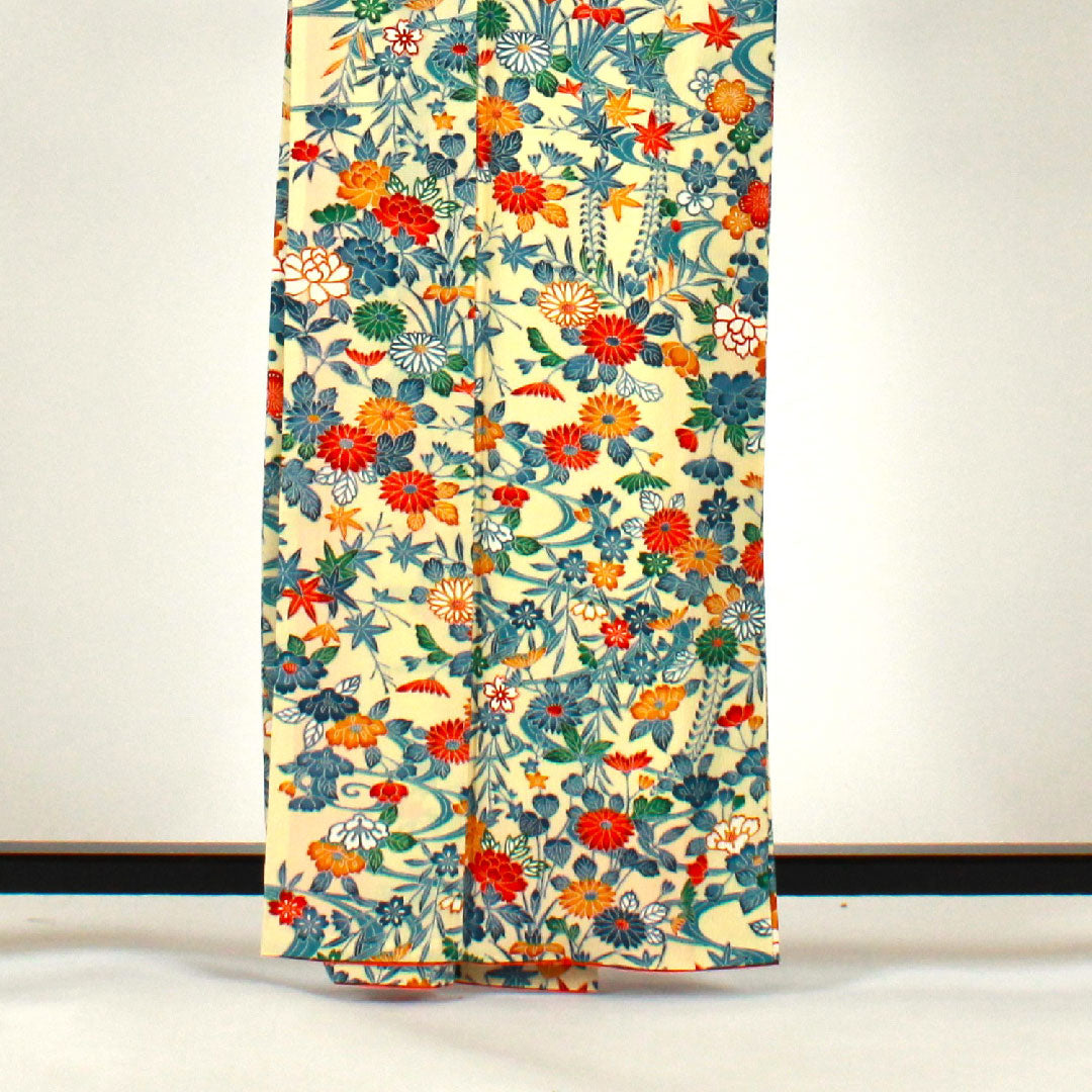 小紋 身丈163cm 裄丈66cm 袷  草花模様  ポリ Aランク クリーム系 1115001663415