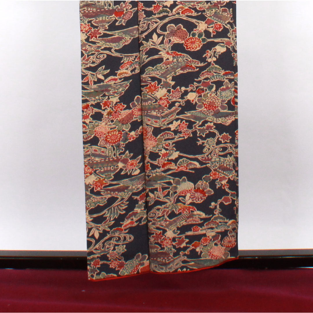 小紋 身丈154.5cm 裄丈60.5cm 袷  青褐色 型染 草花模様  正絹 Aランク 紺系 1115002293218