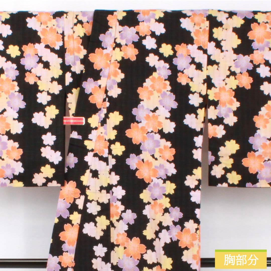 浴衣 木綿 身丈163.5cm 裄丈66.5cm Aランク 単衣 黒系 EASTBOY 桜 1118005323410