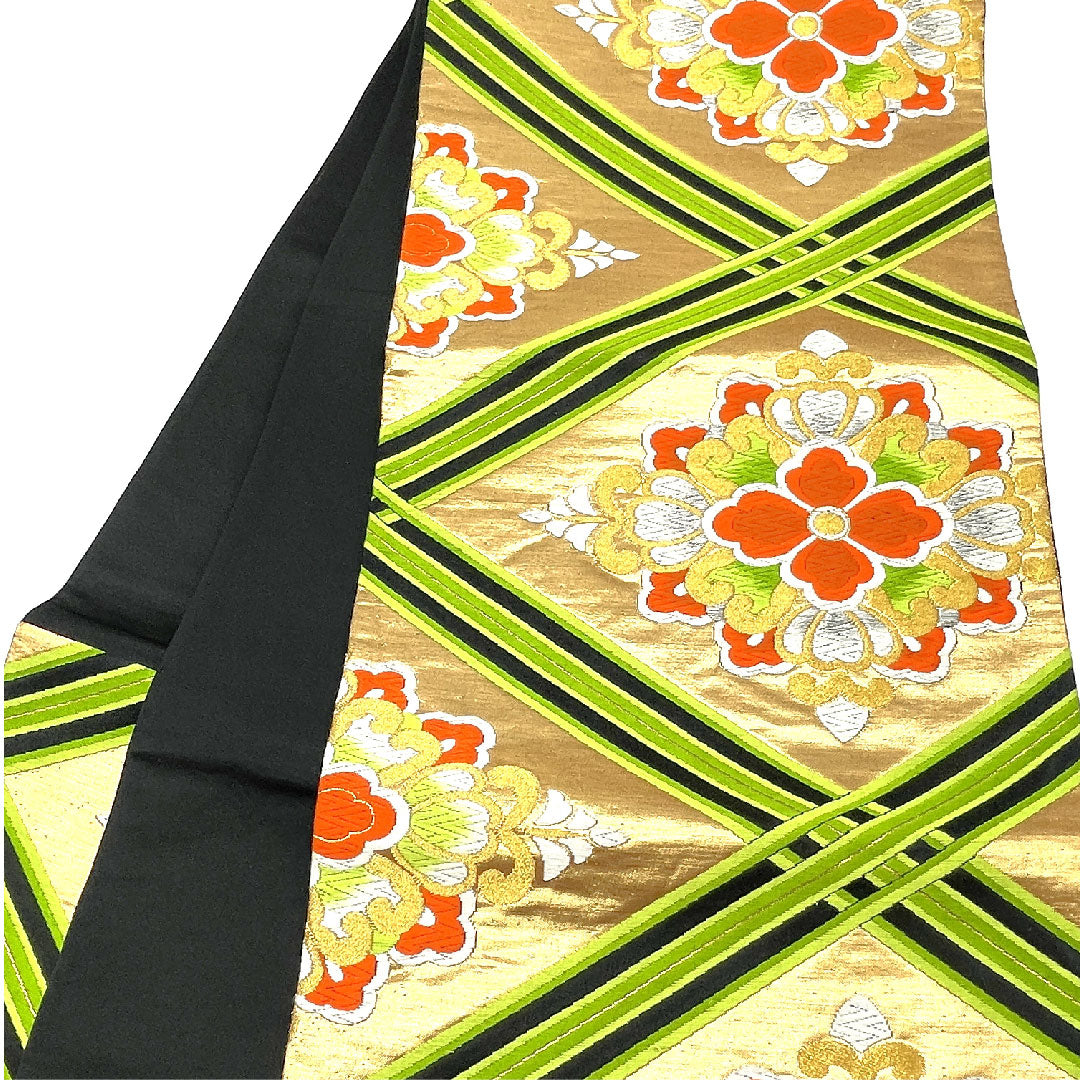 袋帯 華文模様 振袖用 帯丈424cm 正絹 Aランク 六通 フォーマル 金系 1123003423321