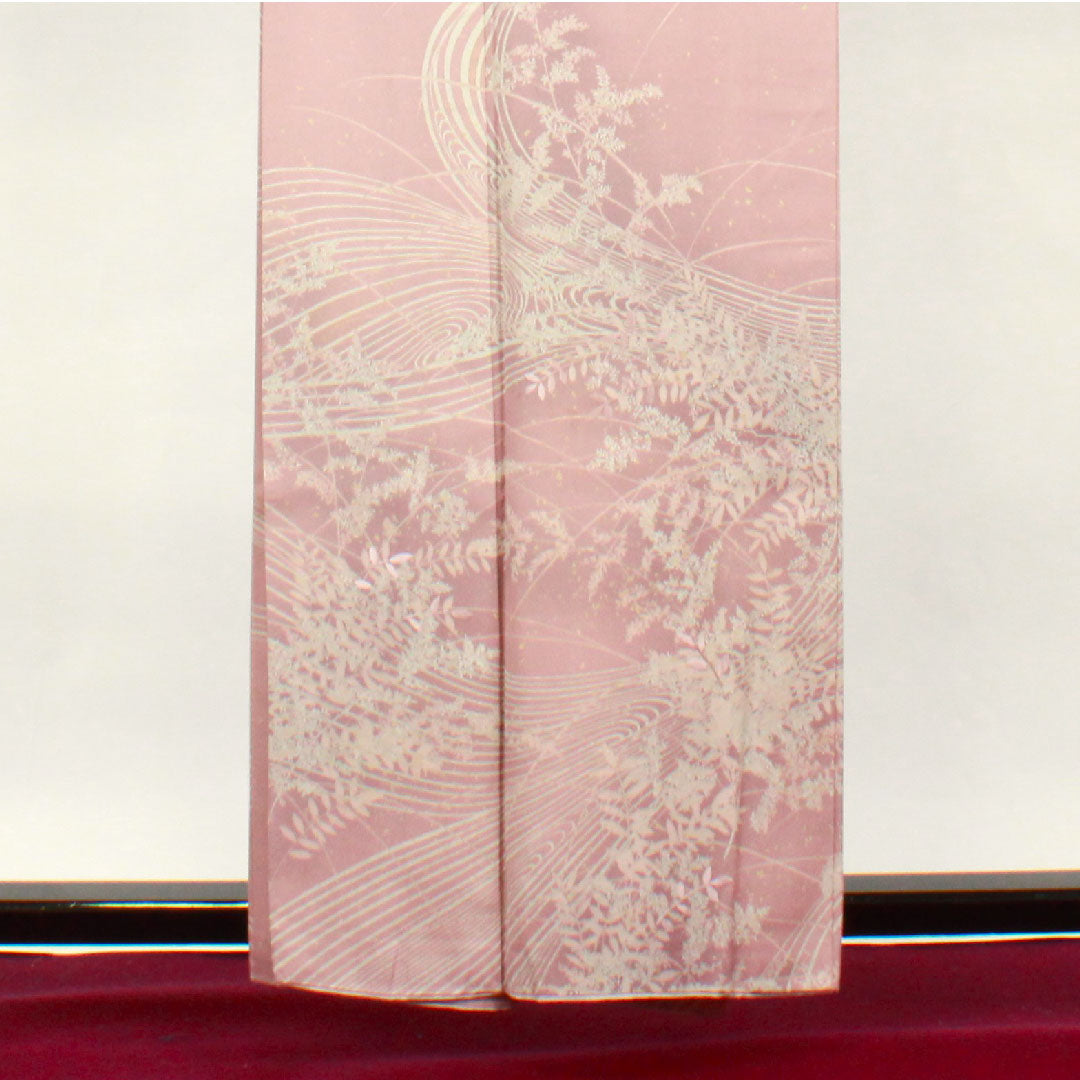 訪問着 袷 身丈157.5cm 裄丈62.5cm 退紅色 流水 草花模様 正絹 Aランク ピンク系 1112002183313