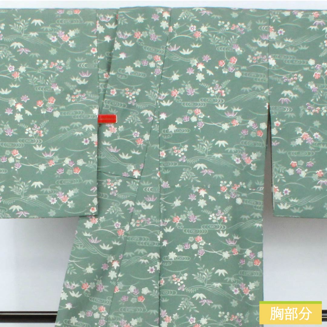 小紋 ポリエステル 身丈158.5cm 裄丈63cm 袷 山藍摺色（やまあいずりいろ） 洗える着物 草木模様 Aランク 緑系 1115005143319