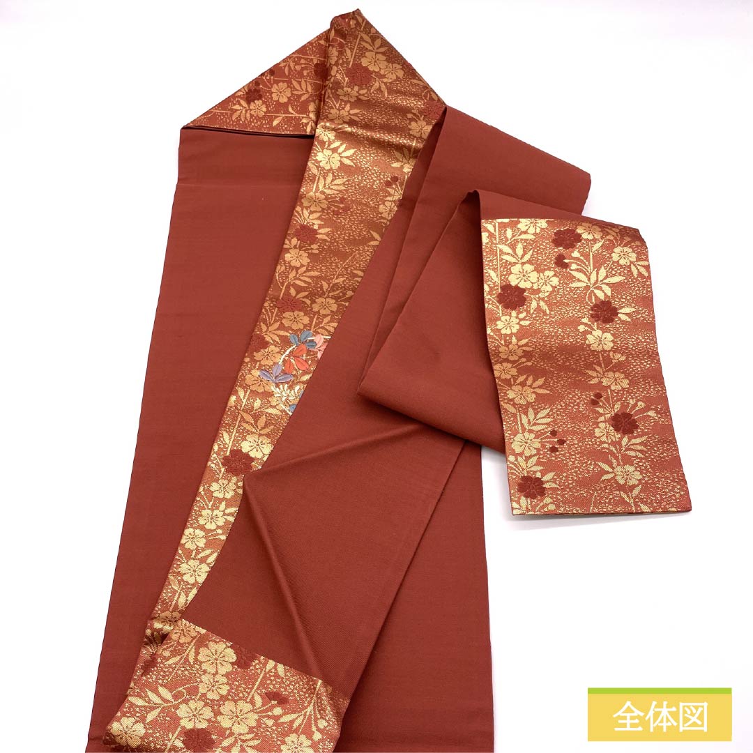 名古屋帯 吾木香色（われもこういろ） 松 刺繍 花模様 帯丈358cm 正絹 Sランク ポイント柄 セミフォーマル 朱系 1124008392316 名古屋仕立て