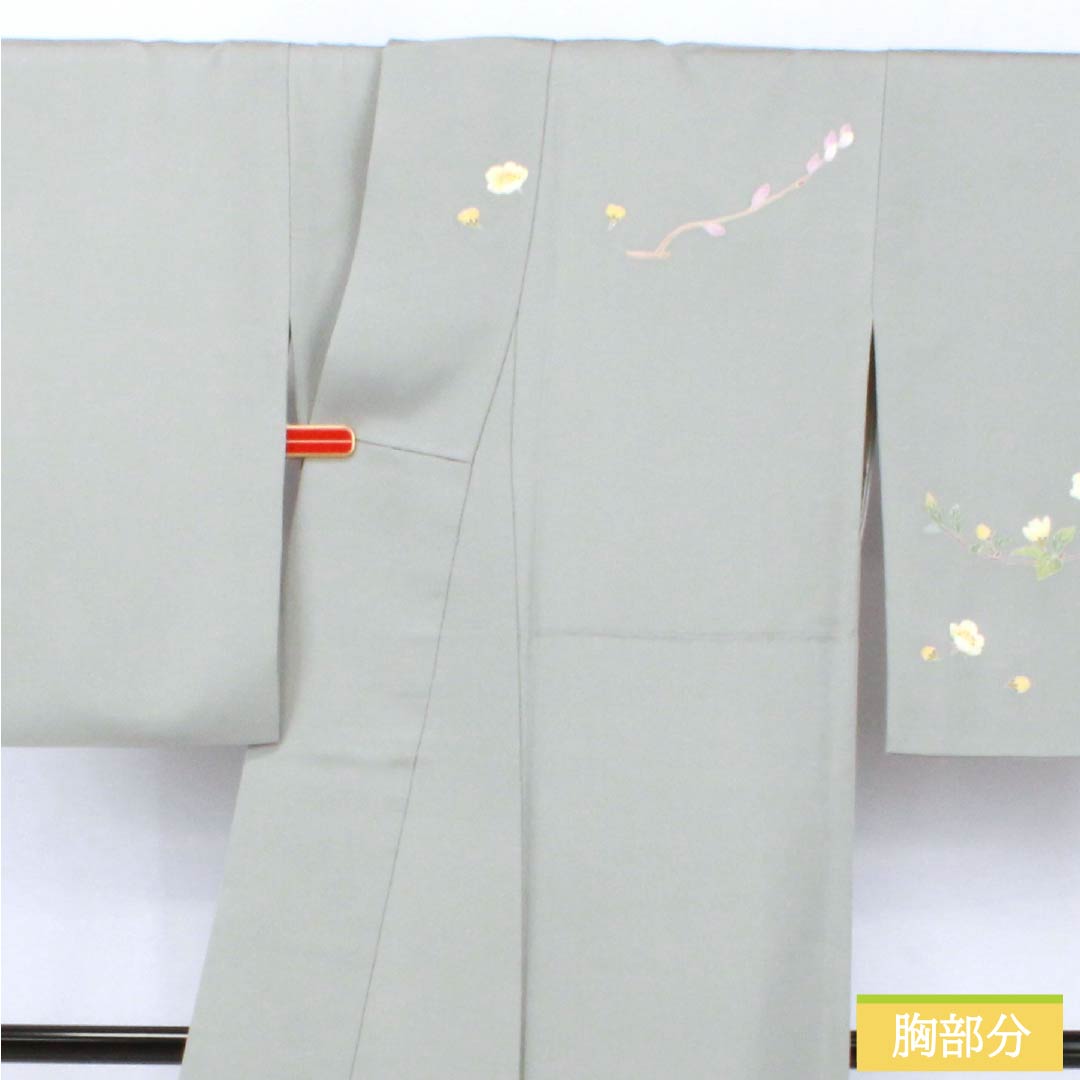Visiting Kimono, Pure Silk, Grade A, Lined, Length 160.5cm, Sleeve Length 63cm, Kaga Yuzen, Floral Design, Artist's Work, Tsukesage, Gray, Product Number: 1112006933422