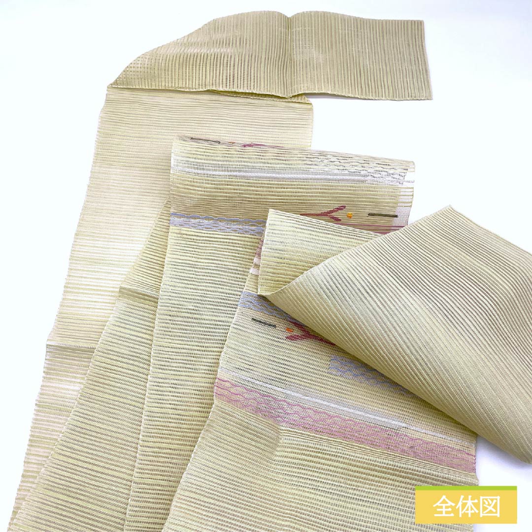 名古屋帯 硫黄色（いおういろ） 夏帯 櫛織 抽象模様 帯丈365cm 正絹 Sランク ポイント柄 カジュアル 緑系 1124008642319 松葉仕立て