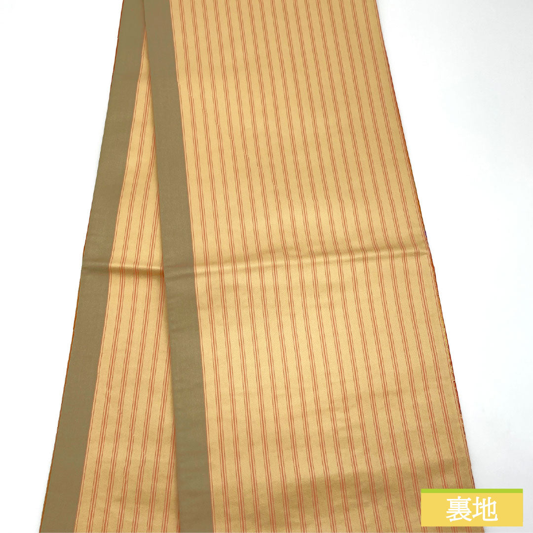 袋帯 正絹 Sランク 丹色（にいろ） 西陣織 扇面 藤 菊 帯丈416cm 六通 セミフォーマル 朱系 1123017192316