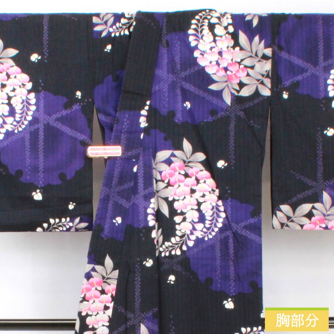 Yukata Cotton Length 161.5cm Sleeve length 66cm S rank Single layer Black Snowflake Wisteria 1118005392410