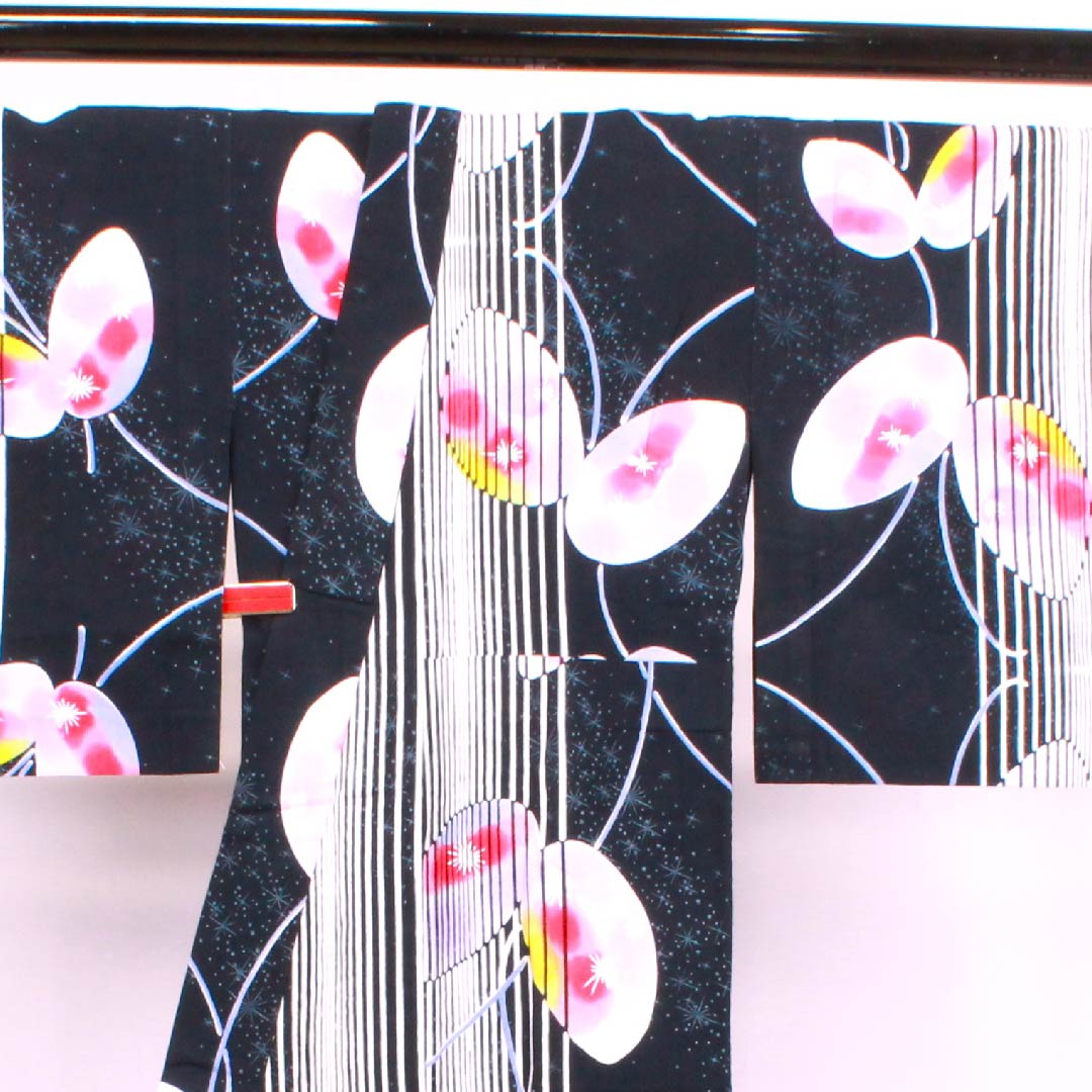Yukata Black Butterfly Vertical Stripes Stars Cotton S Rank Single Layer Length 148.5cm Sleeve Length 61.5cm Black 1118004322110