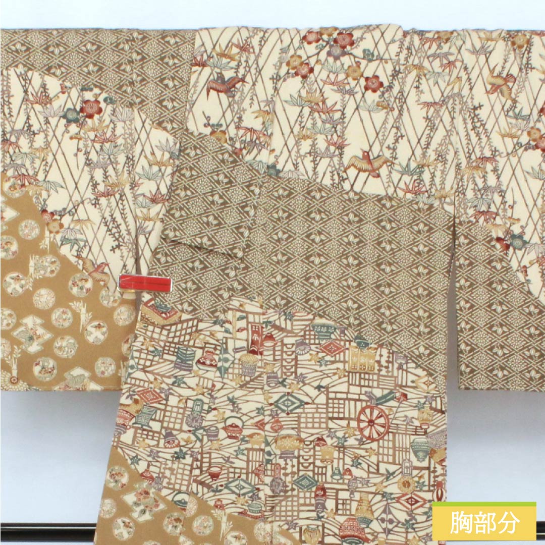 訪問着 正絹 Aランク 袷 身丈164cm 裄丈68cm 胡桃色（くるみいろ） 京紅型 吉祥文様 割付文様 古典柄 しつけ糸付き ベージュ系 1112006713425