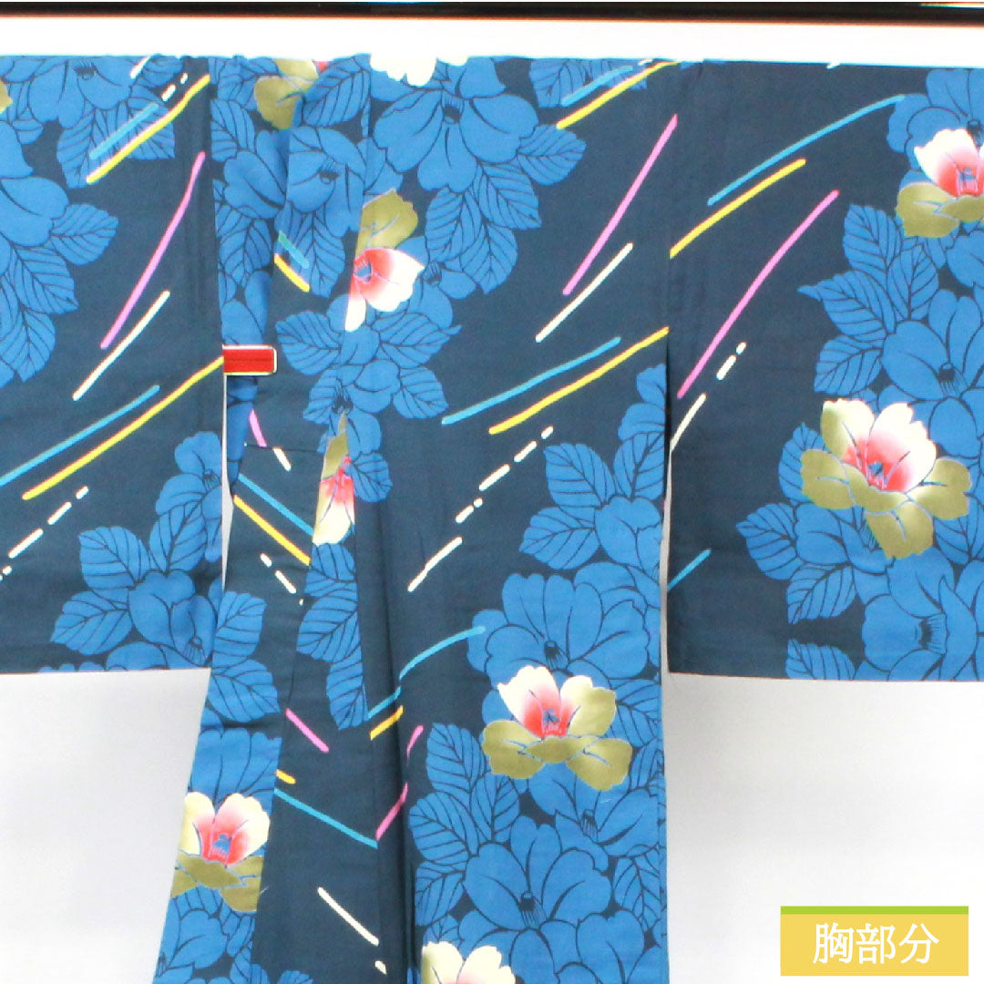 Yukata Cotton Length 161cm Sleeve length 65.5cm S rank Single layer Navy blue Navy iron color Camellia 1118005172418