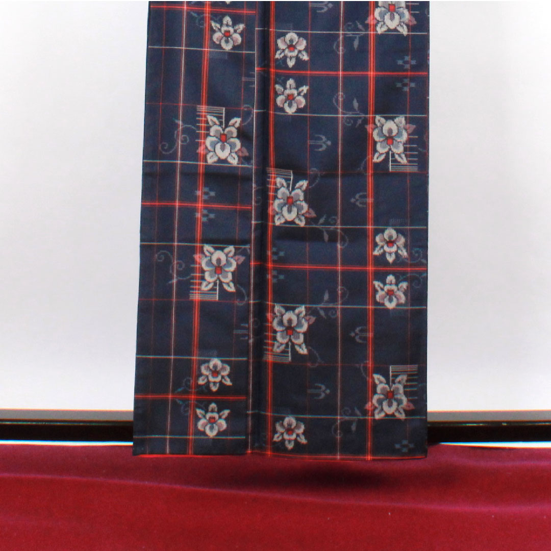 村山大島 身丈160cm 裄丈64.5cm アンサンブル 格子 花模様 正絹 Sランク 袷 紺系 1116001932418