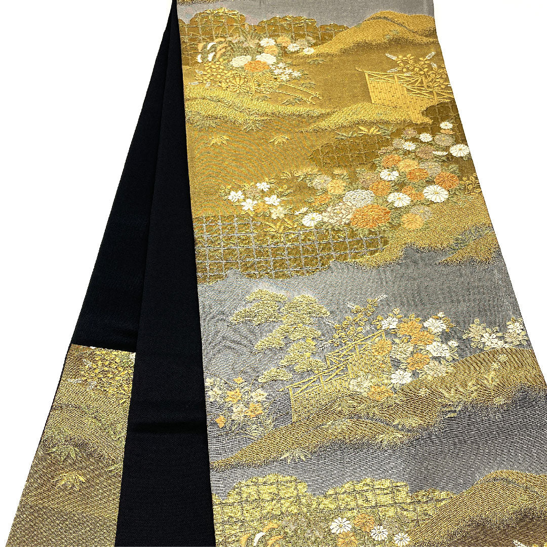 袋帯 花車 帯丈430cm 正絹 Sランク 六通 フォーマル グレー系 1123002702322