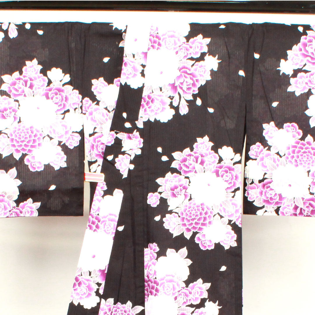 浴衣 菊 薔薇 木綿 Sランク 単衣 身丈165.5cm 裄丈66.5cm 黒系 1118001372510