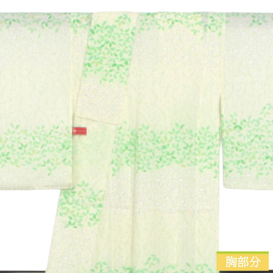 夏物 ポリエステル 小紋 Sランク 身丈161.5cm 裄丈64.5cm 乳白色（にゅうはくしょく） 型染 葉模様 横段 絽 白系 1132004952411