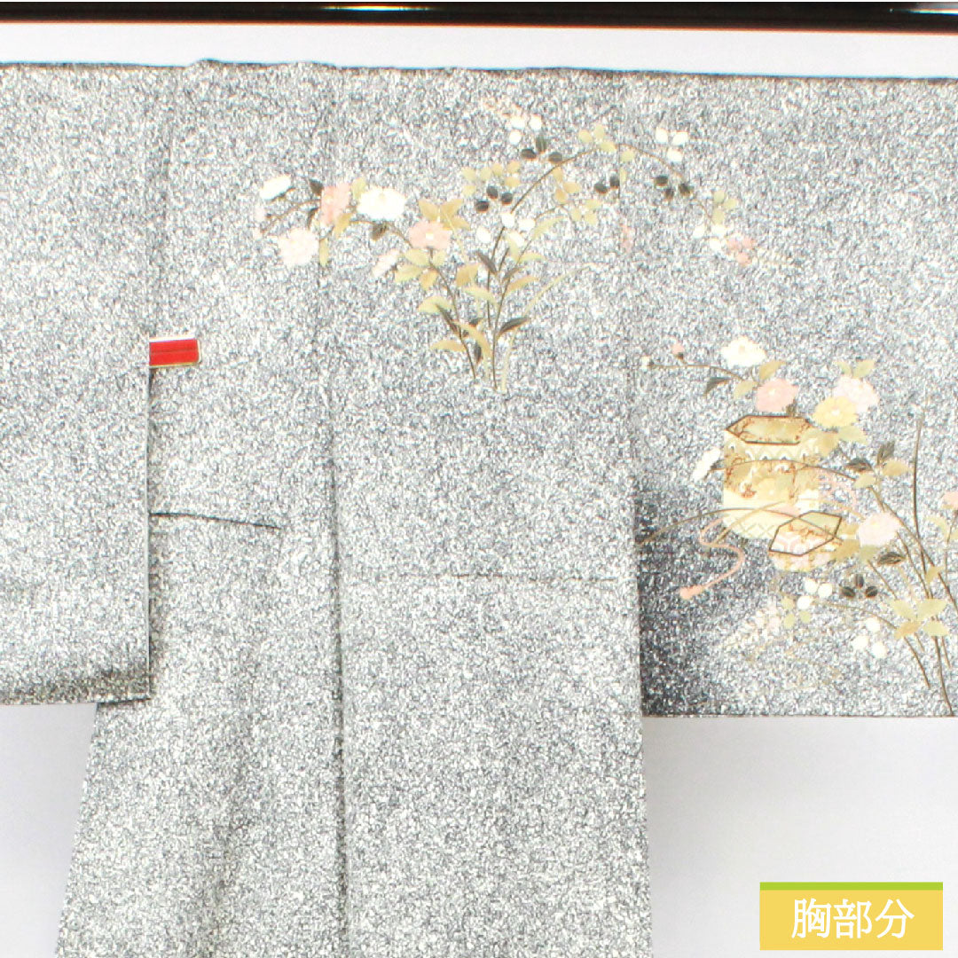 訪問着 正絹 袷 身丈155cm 裄丈62.5cm 京友禅 タタキ染 草花模様 Sランク モノトーン 1112004412327