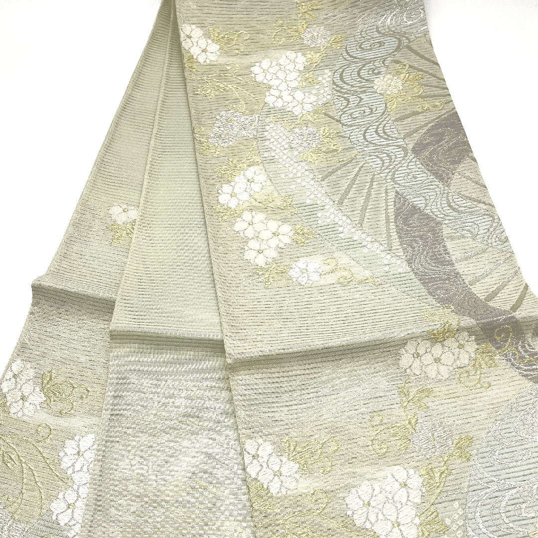 袋帯 絽 夏 流水 草花模様 帯丈441cm 正絹 Sランク 六通 フォーマル 白系 1123004392311