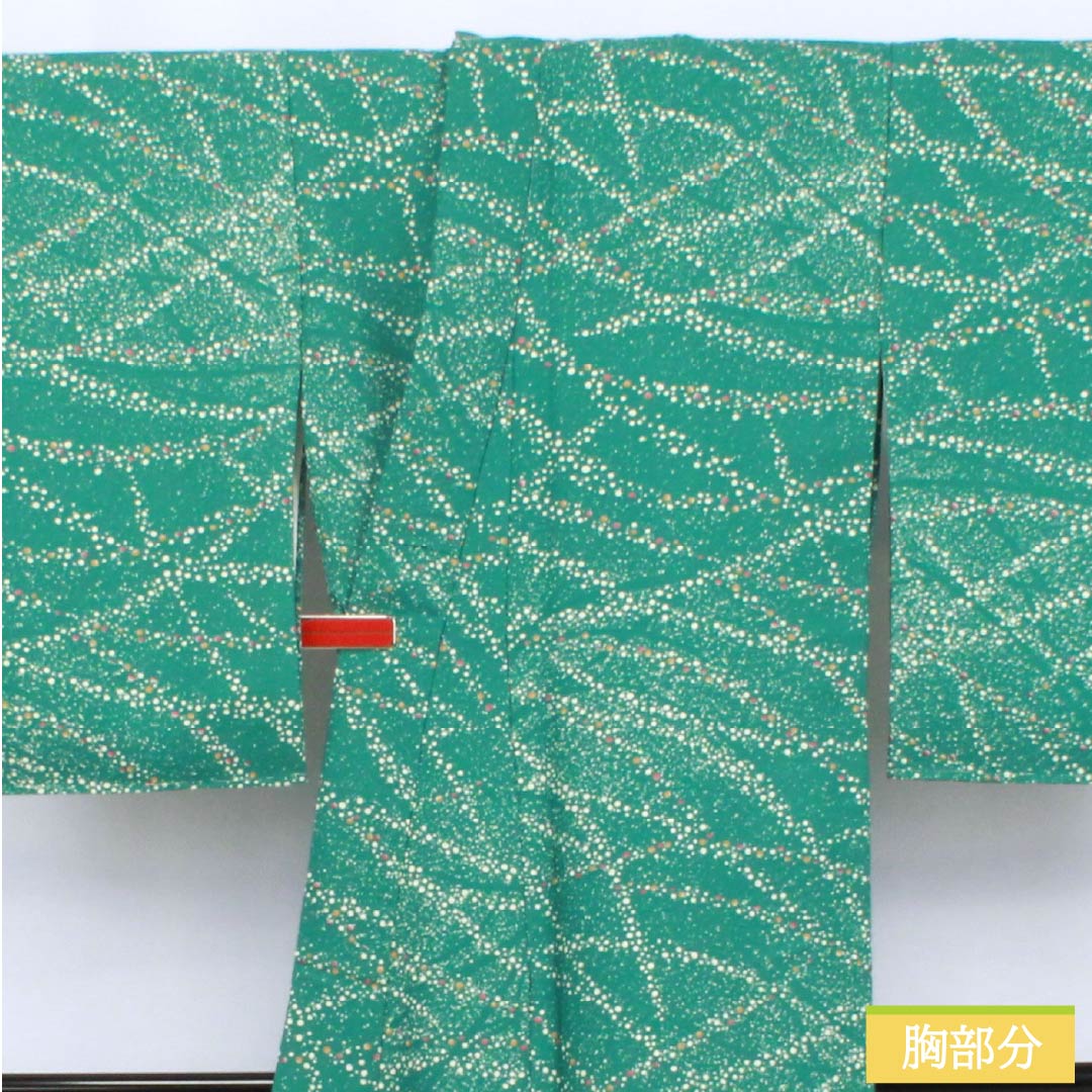 小紋 ポリエステル 身丈156cm 裄丈64cm 袷 中藍色（なかのあいいろ） ドット柄 洗える着物 しつけ糸付き Sランク 緑系 1115006222319