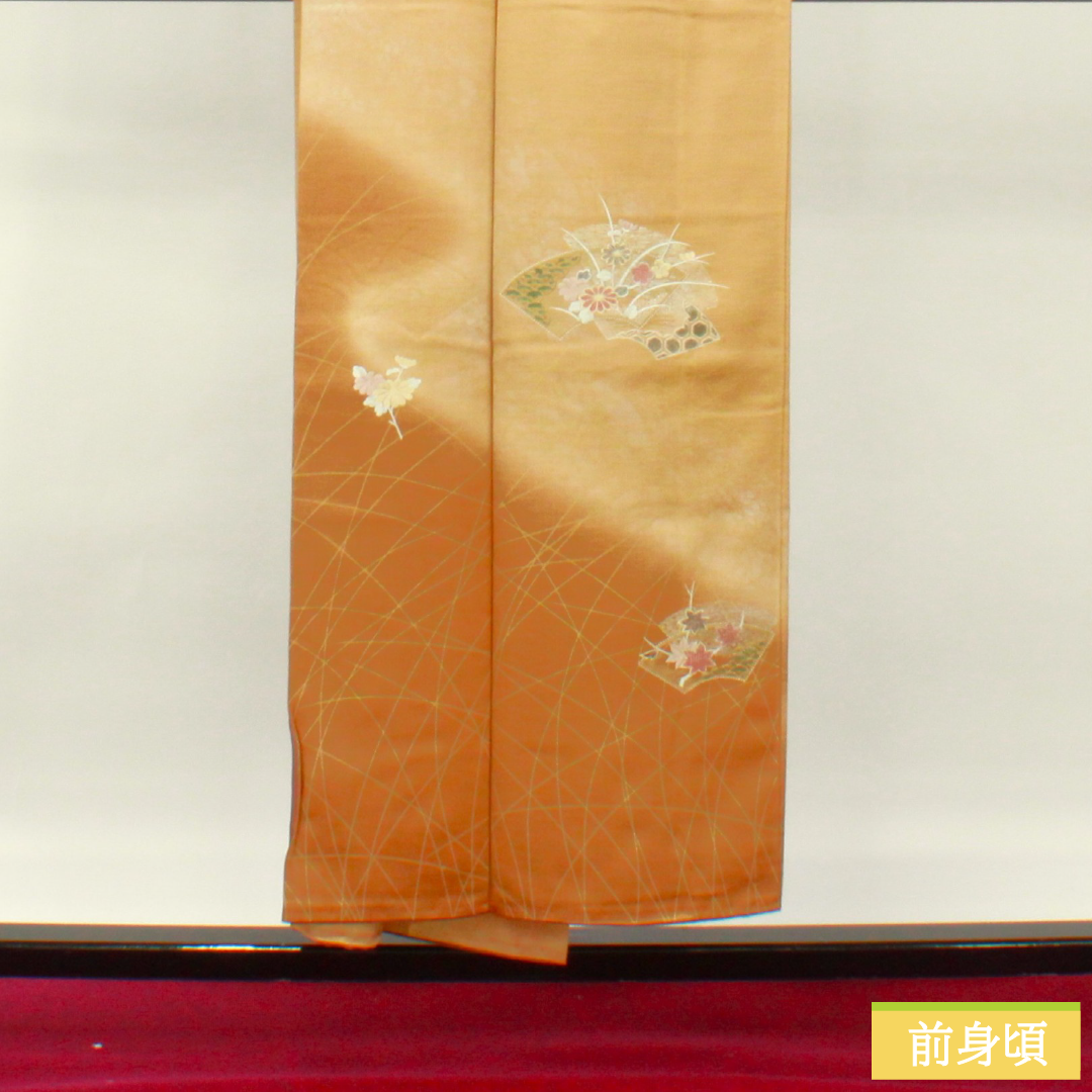 Homongi, pure silk, lined, length 150.5cm, sleeve length 62cm, pale withered leaf color, embroidered fan surface, floral pattern, S rank, brown, 1112004682114