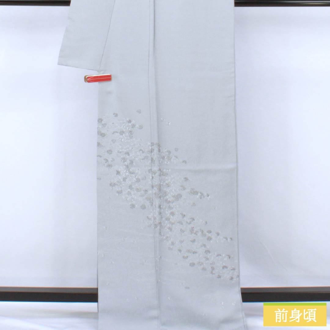 訪問着 正絹 Bランク 袷 身丈168cm 裄丈62cm 白銅色（はくどういろ） 蘇州刺繡 草花 流水 しつけ糸付き グレー系 1112007524522