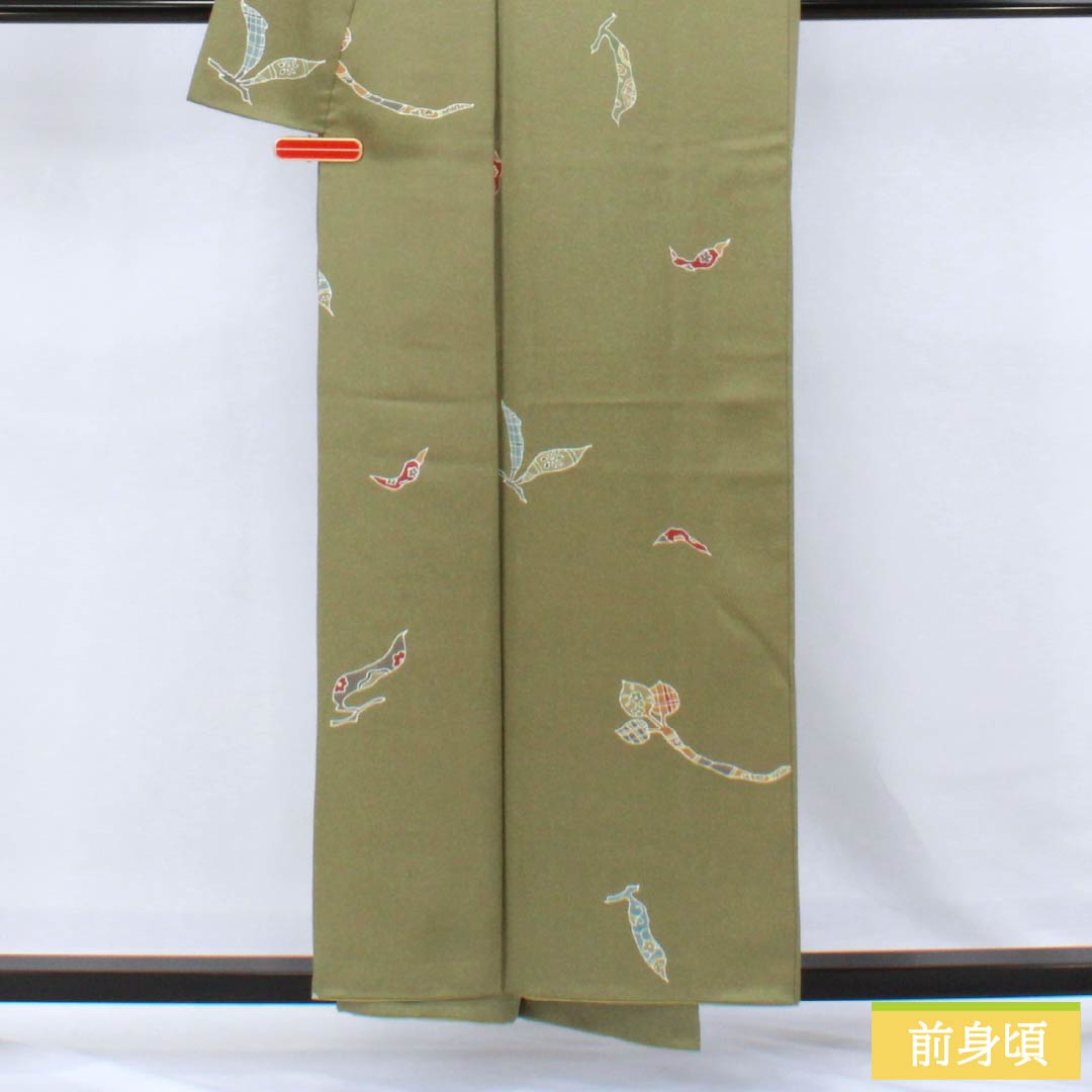 小紋 正絹 Aランク 身丈155cm 裄丈68cm 袷 利休生壁色（りきゅうなまかべいろ） 京野菜 緑系 1115007063319
