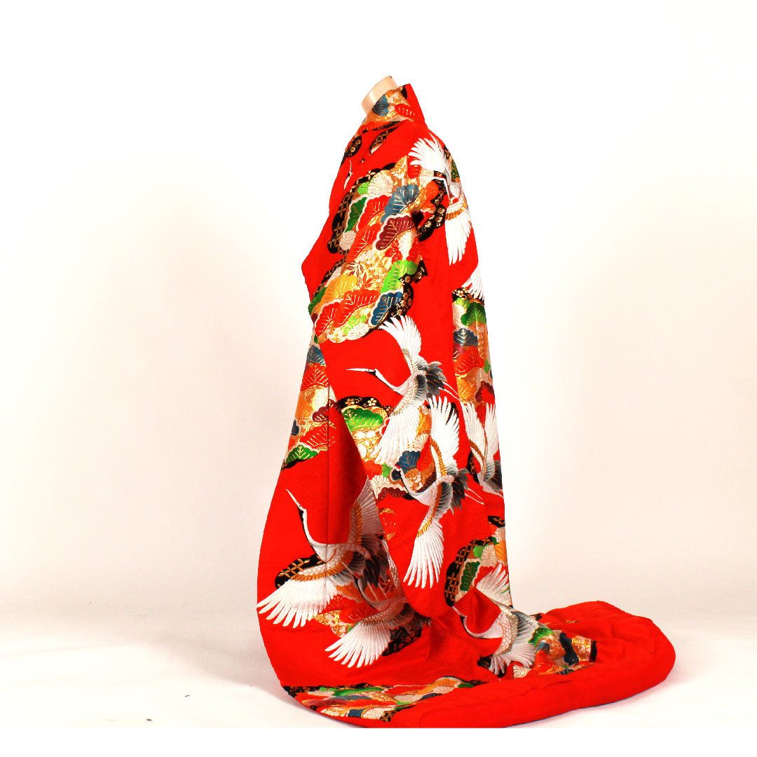 色打掛 身丈186cm 紗綾形 鶴 松 正絹 Sランク 袷 赤系 1110000112812