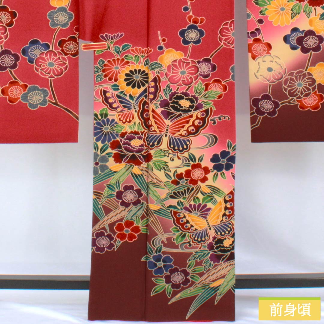 Silk Furisode, Rank A, Length 164cm, Sleeve-to-sleeve 69cm, Lined, Deep Crimson, Kyo-Yuzen, Auspicious Patterns, Red Tones, 1113002963412