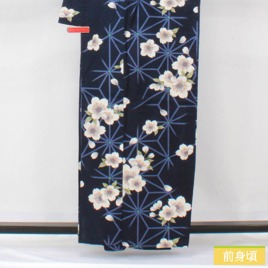 Cotton Yukata, Length 160cm, Sleeve Length 65cm, S Rank, Single Layer, Navy Blue, Cherry Blossom Design, 1118006162418