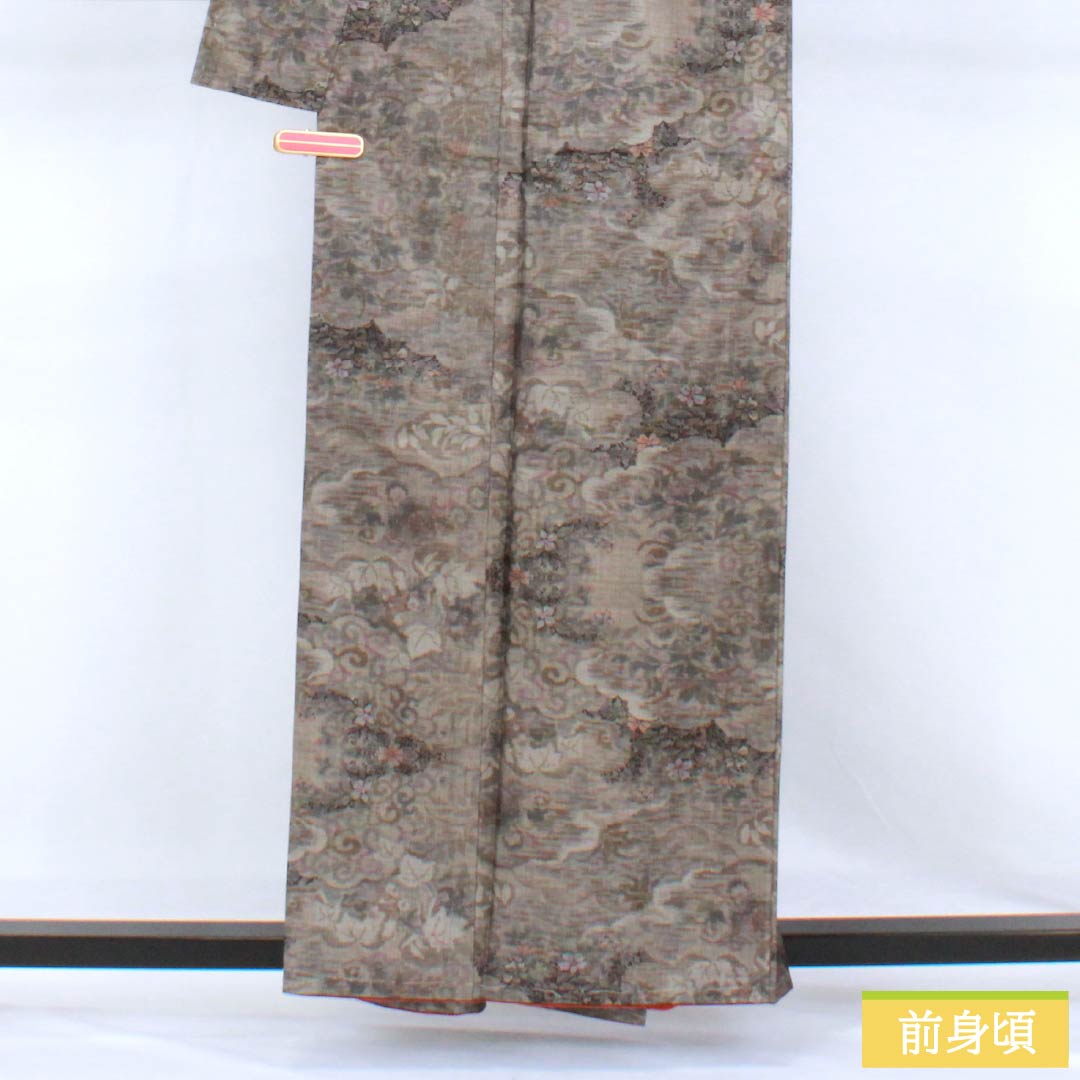 紬 正絹 Sランク 身丈159cm 裄丈60.5cm 茶気鼠色（ちゃけねずいろ） 村山大島 雲取り 草花 袷 グレー系 1116004832322