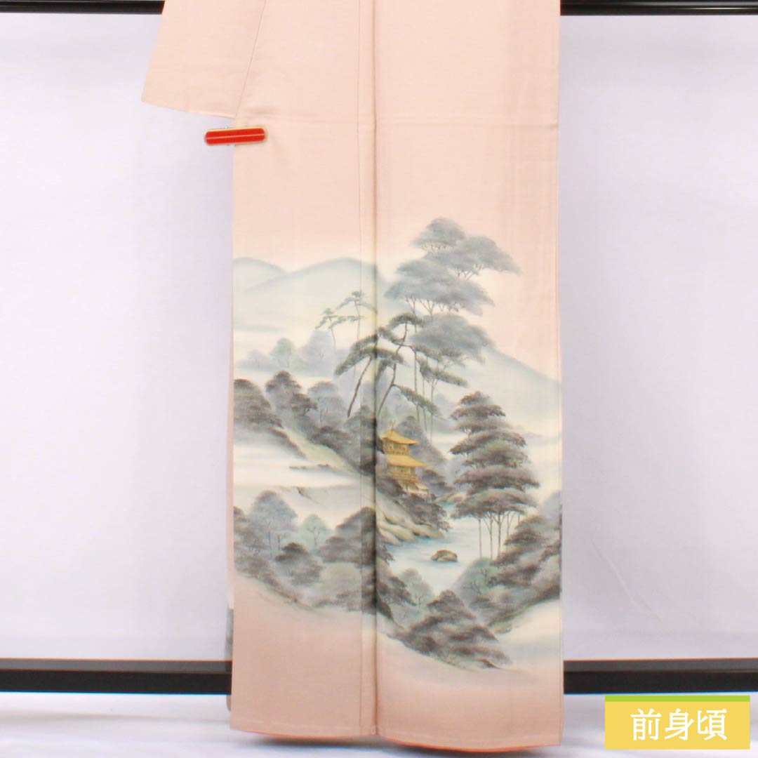 Visiting Kimono (Homongi) - Pure Silk, S-Rank, Lined, Length 161cm, Sleeve Length 65.5cm, Otomeiro (Girl's Color), Kyoto Yuzen, Artist's Work, Kinkakuji Landscape Painting, Pink, Basting Thread Included, Product Number: 1112007172413
