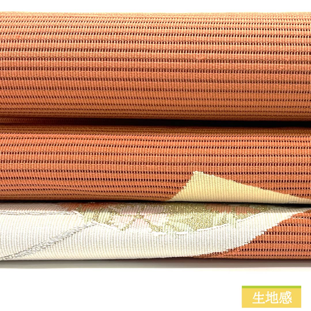 名古屋帯 正絹 珊瑚色（さんごいろ） 夏帯 扇面 丸に花 帯丈359cm Sランク ポイント柄 セミフォーマル 橙系 1124008602326 松葉仕立て