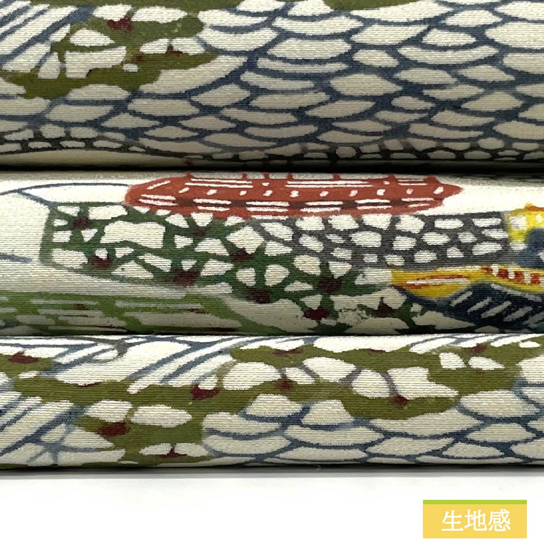 名古屋帯 正絹 Aランク 生成り色（きなりいろ） 型染 紅型調 風景模様 帯丈371cm 六通 カジュアル クリーム系 1124010593315 名古屋仕立て