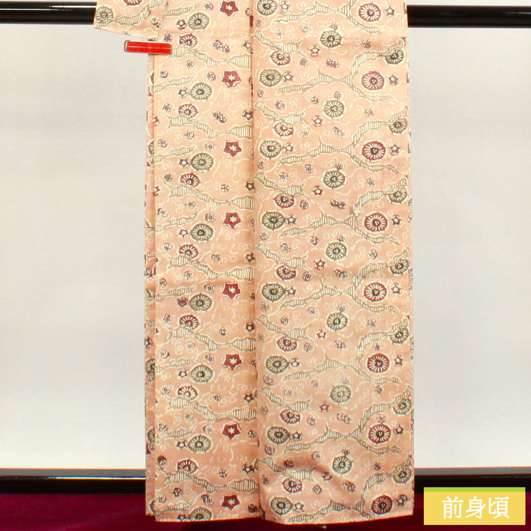 小紋 正絹 身丈160cm 裄丈66cm 袷  乙女色 紬地 京紅型 抽象模様  Sランク ピンク系 1115003532413