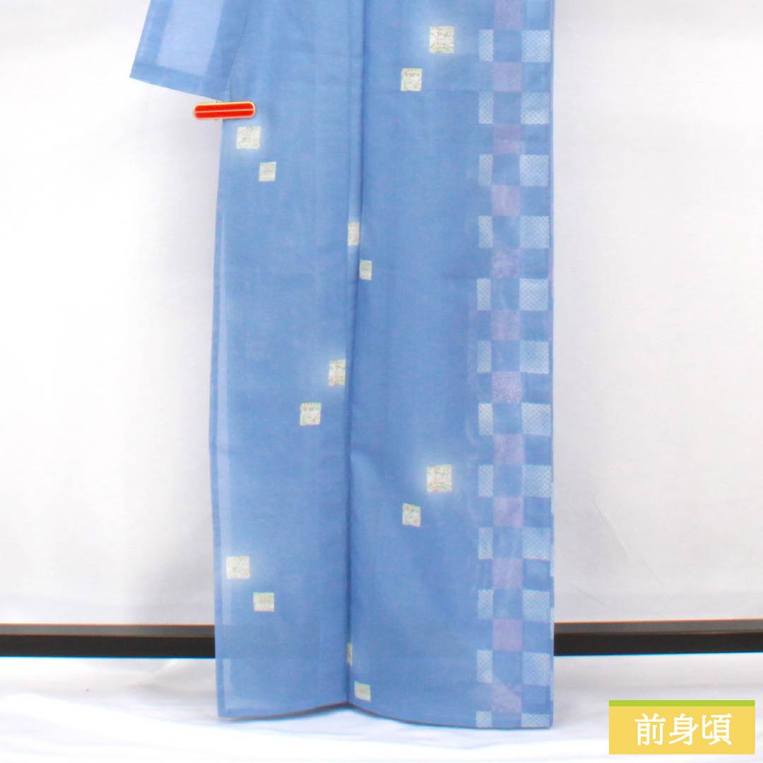 夏物 ポリエステル 小紋 身丈165cm 裄丈67.5cm 紺藤色（こんふじいろ） 市松模様 洗える着物 絽 Aランク 青系 1132002183517