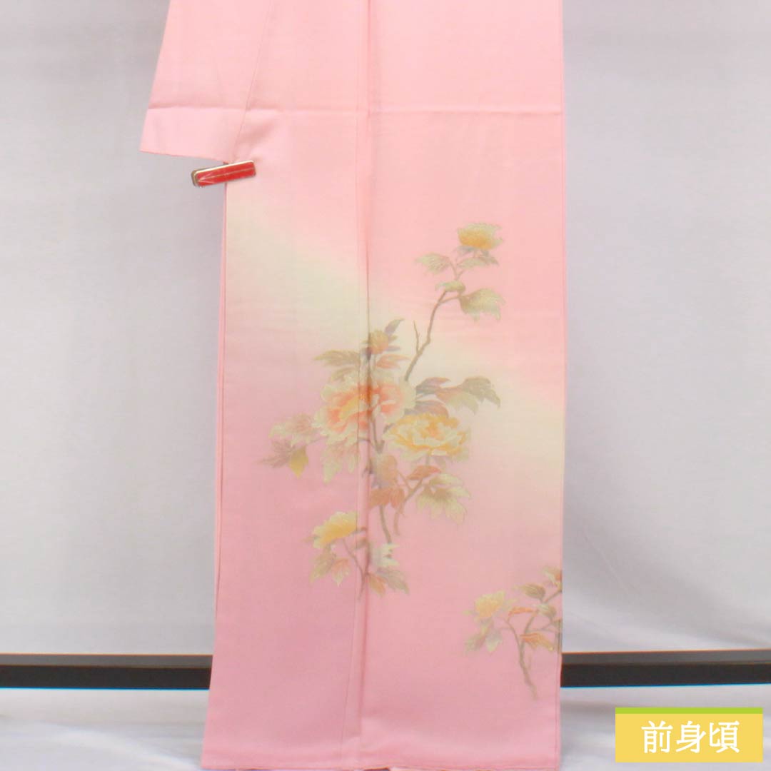 Formal Kimono, Pure Silk, Rank S, Lined, Length 166cm, Sleeve-to-Sleeve 64cm, Asabeni-iro (Pale Red), Attached Collar, Gold Embossing, Flowers, With Basting Stitches, Pink Tones, 1112007812513