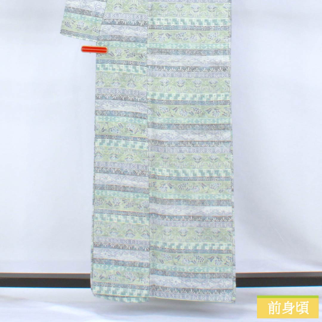 紬 正絹 Aランク 身丈160.5cm 裄丈62.5cm 更紗模様 横段 袷 グラデーション系 1116005103499