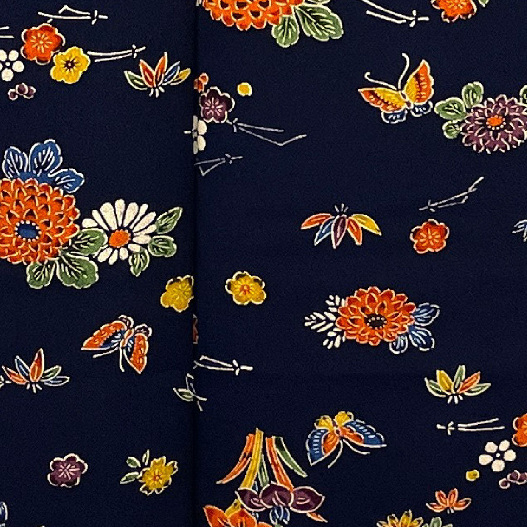 小紋 身丈154cm 裄丈66cm 袷  型染 松竹梅 花模様  正絹 Aランク 紺系 1115001213218