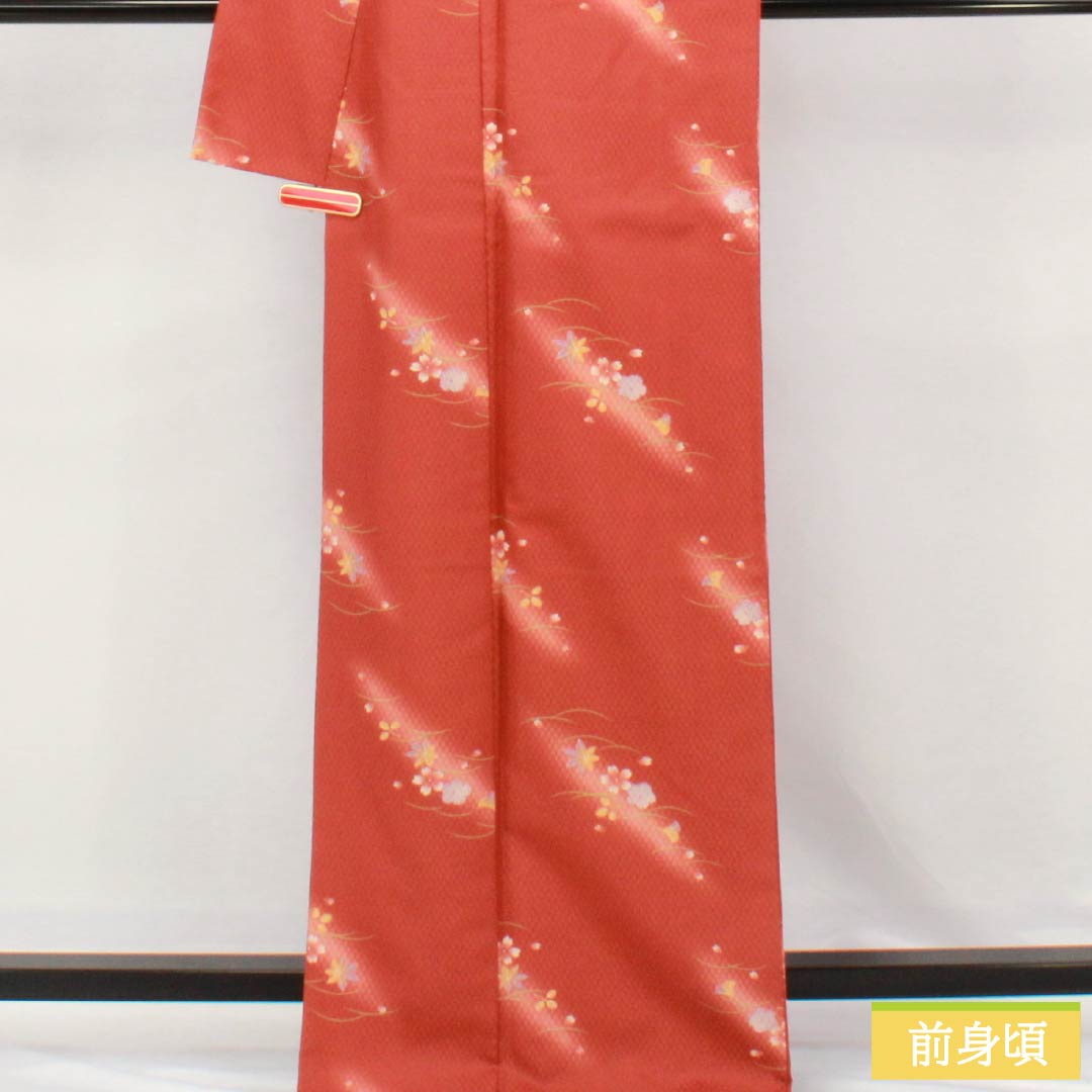 小紋 ポリエステル Sランク 身丈169cm 裄丈68cm 袷 紅唐色（べにとういろ） 小花 洗える着物 赤系 1115006922512