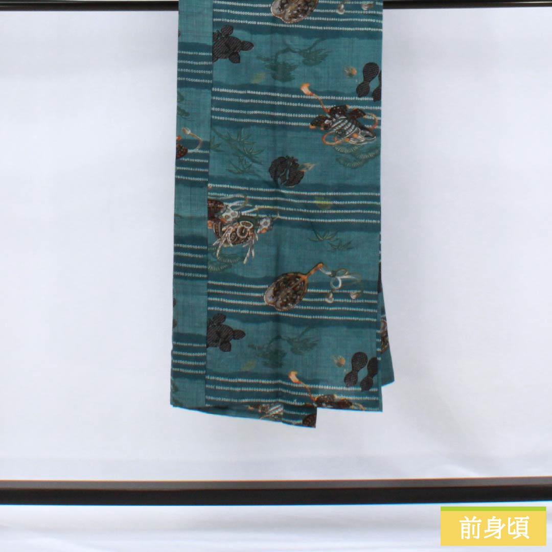 Men's wool nagajuban (long under-kimono), S-rank, length 138cm, sleeve length 65.5cm, indigo brown (aito-chairo) color, with a helmet, pine, and bamboo motifs, single-layer, blue-based design, product number 1140000742317