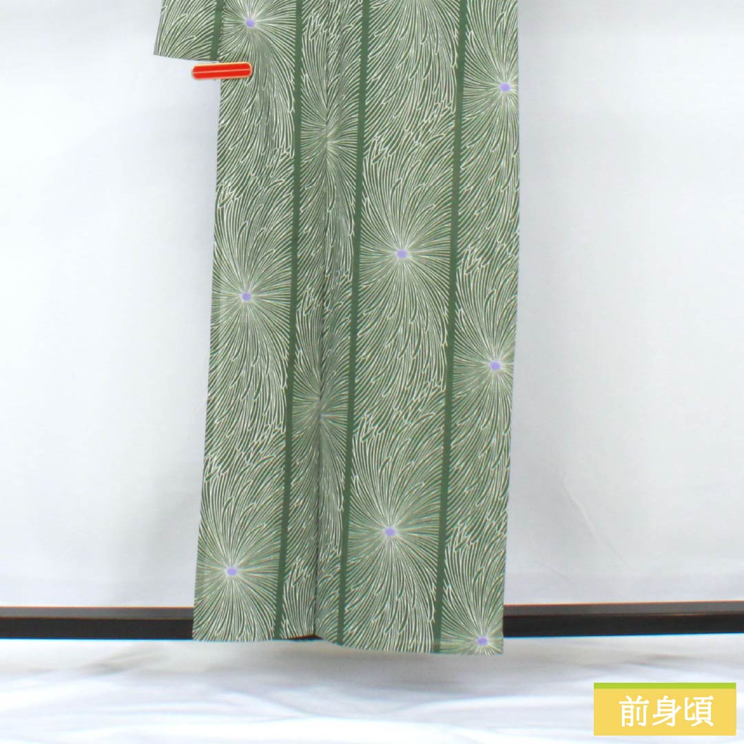 夏物 ポリエステル 小紋 身丈158cm 裄丈66cm 夏虫色（なつむしいろ） 乱菊 洗える着物 紗 Sランク 緑系 1132002162319