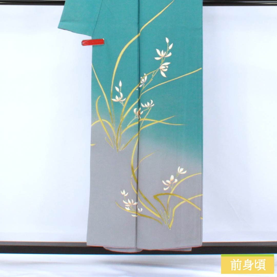 Visiting Kimono, Pure Silk, Grade A, Lined, Length 151.5cm, Sleeve Length 62cm, Oriiro (Ori-iro) Kyoto Yuzen Pattern, Floral Design, Blue, Item Number 1112007133217