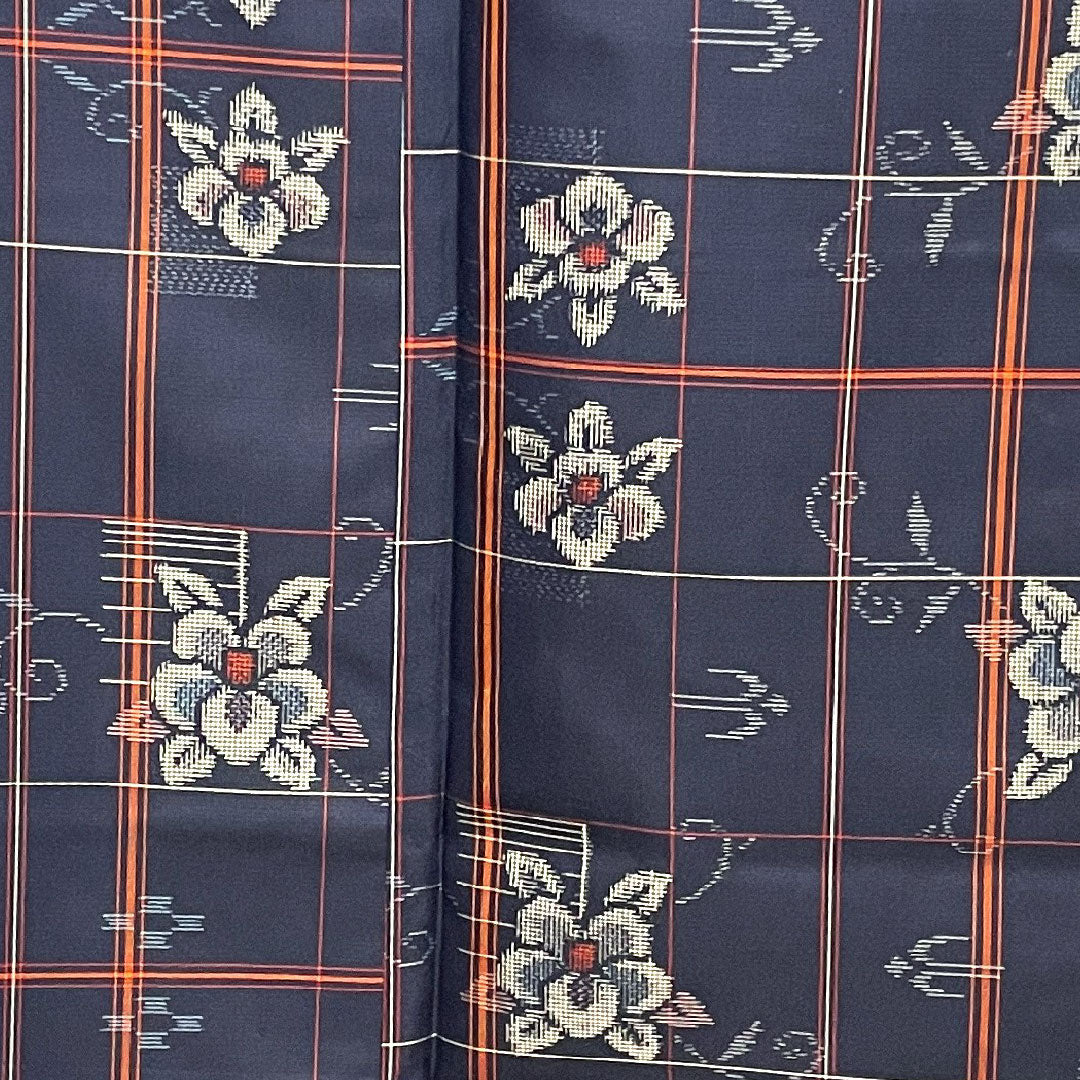 村山大島 身丈160cm 裄丈64.5cm アンサンブル 格子 花模様 正絹 Sランク 袷 紺系 1116001932418