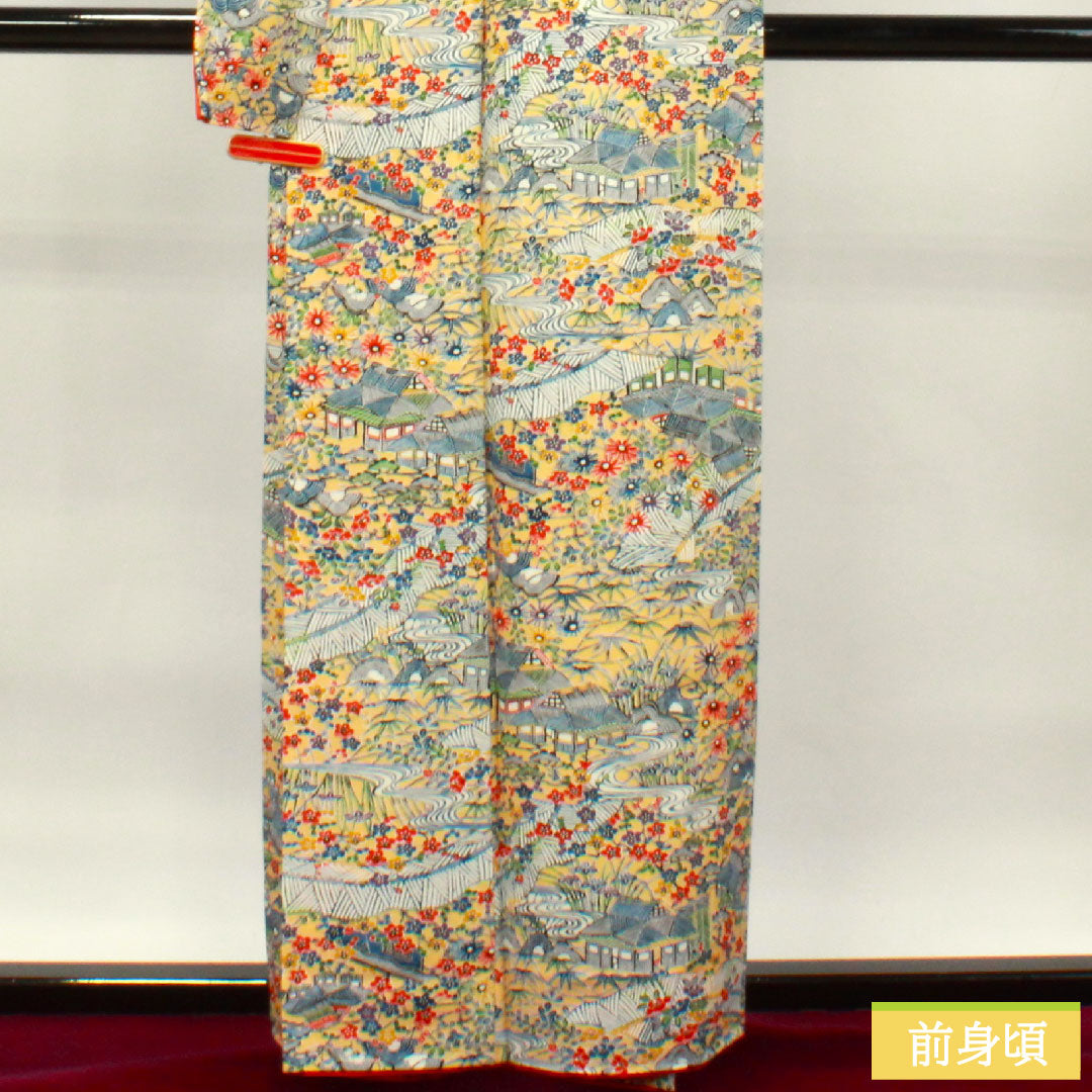 小紋 正絹 身丈158.5cm 裄丈62.5cm 袷  麹色 型染 茶屋辻 しつけ糸付き 未使用品  Sランク 黄系 1115003792323