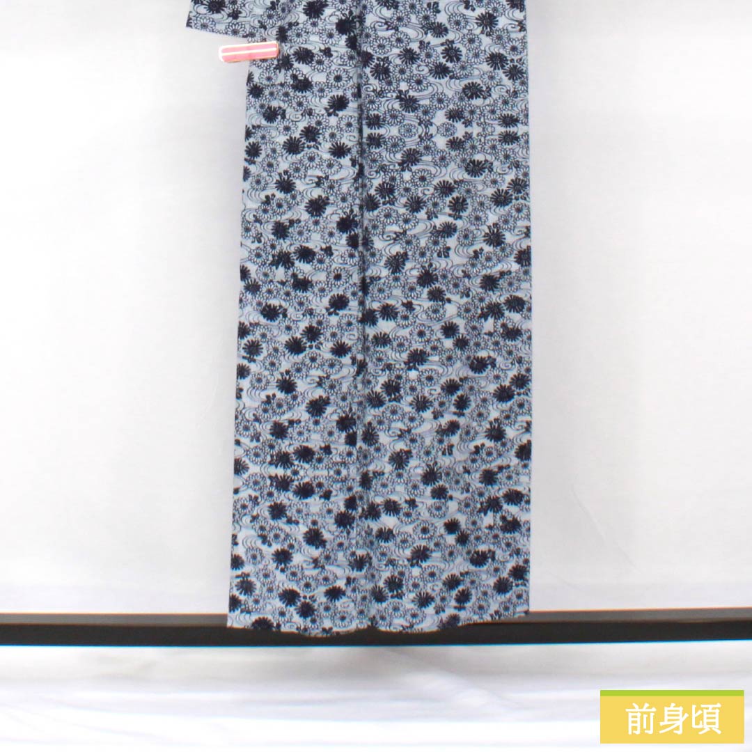 浴衣 木綿 身丈154cm 裄丈62cm Bランク 単衣 グレー系 水銀色（すいぎんいろ） 菊 流水 1118005914222
